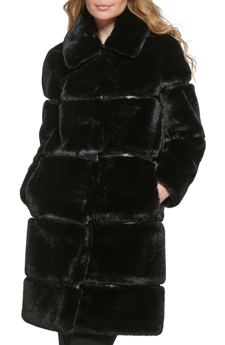 KARL LAGERFELD PARIS Quilted Longline Faux Fur Coat, Alternate, color, Black