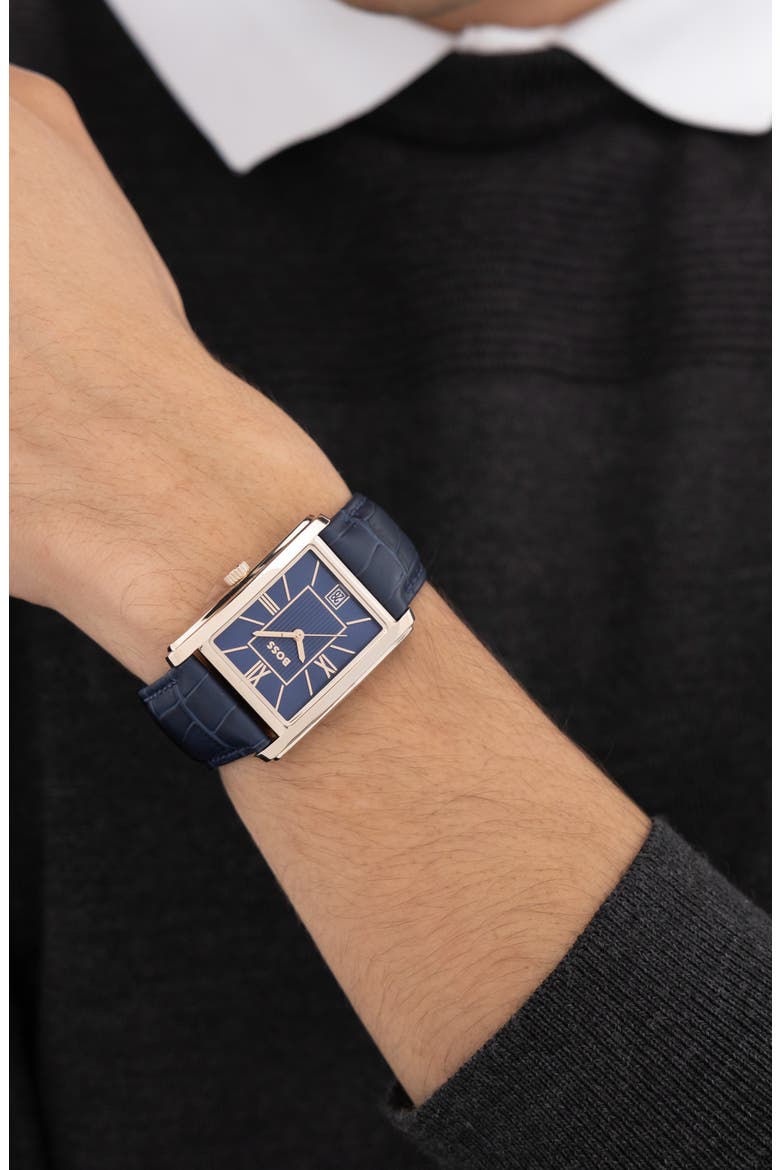 Principle Dress Leather Strap Watch, 28mm x 39mm, Alternate, color, BLUE