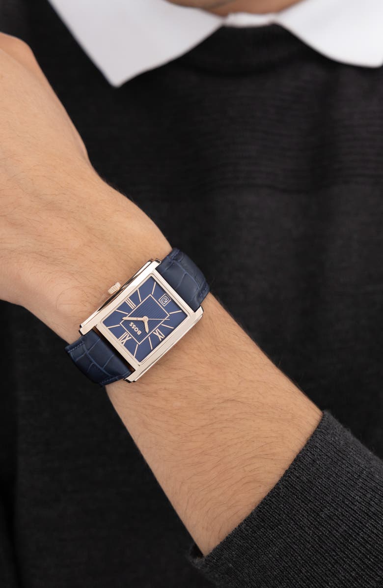 BOSS Principle Dress Leather Strap Watch, 28mm x 7.8mm, Alternate, color, Blue