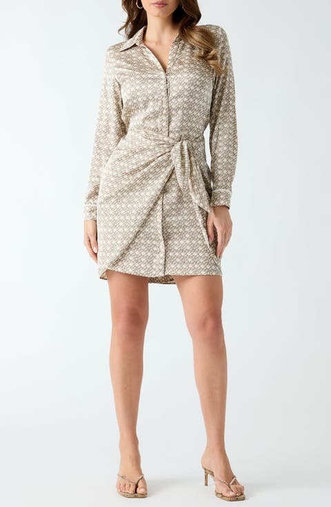 Tie Waist Long Sleeve Satin Shirtdress