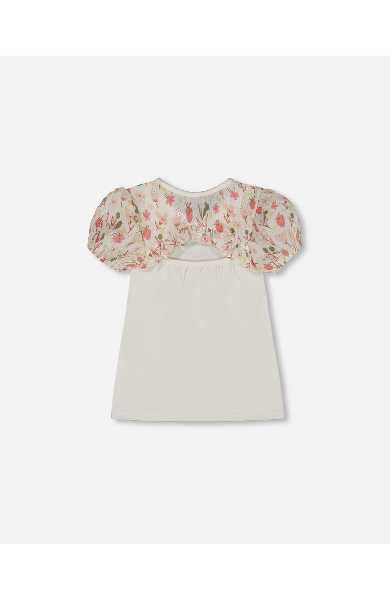 Deux par Deux Girl's Bi-Material Organic Cotton Top With Puff Sleeve Pink Flowers On Cream Background, Alternate, color, 