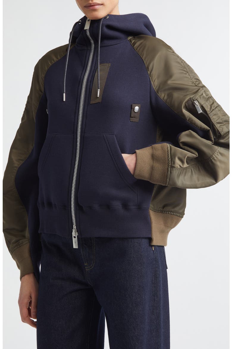 Sponge Sweat x Nylon Twill Full Zip Hoodie, Alternate, color, NAVY/ DARK KHAKI