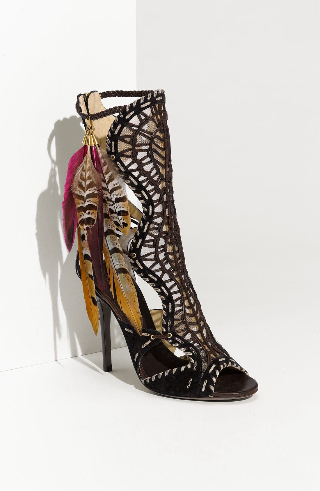 'Kevan' Feather Trim Gladiator Sandal, Main, color, BLACK/ BROWN