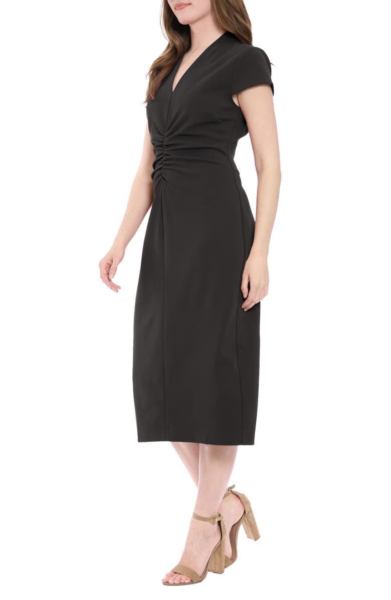 London Times V-Neck Cap Sleeve Ruched Midi Sheath Dress, Alternate, color, 