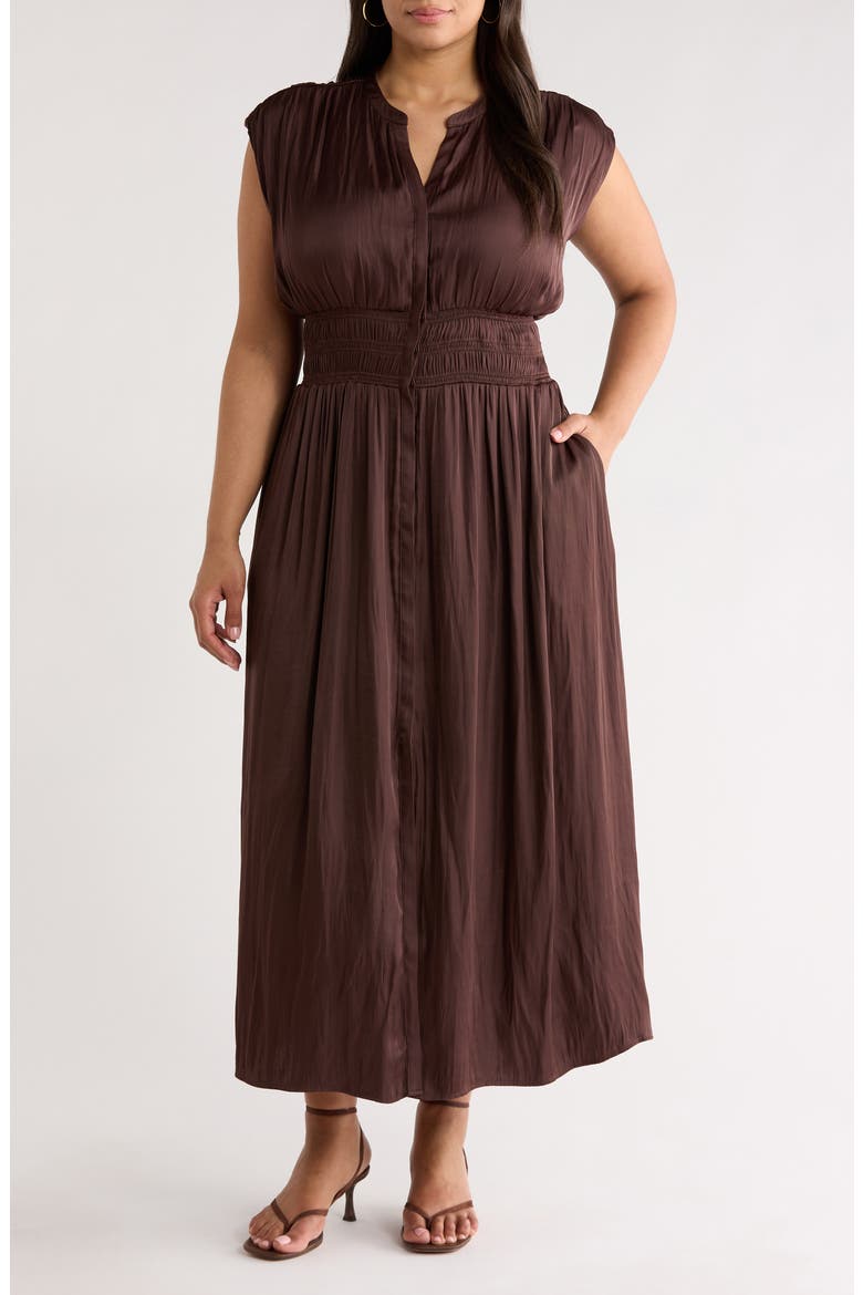 Smocked Waist Maxi Dress, Main, color, BROWN ROAST