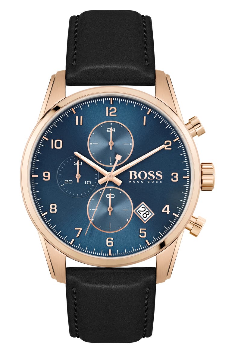 Skymaster Chronograph Leather Strap Watch, 43mm, Main, color, BLACK/ BLUE/ CARNATION GOLD