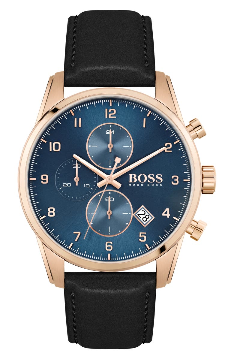 BOSS Skymaster Chronograph Leather Strap Watch, 43mm, Main, color,