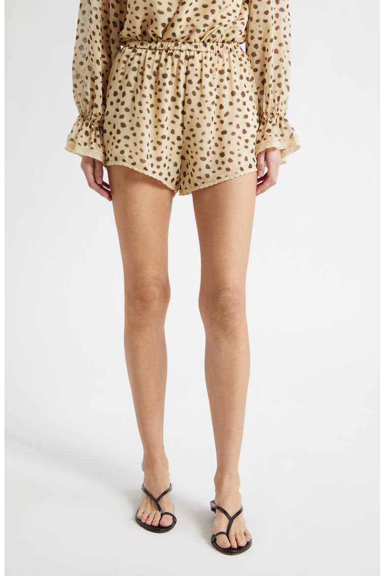 Priscilla Cheetah Spot Lace Trim Silk Shorts, Main, color, CHEETAH