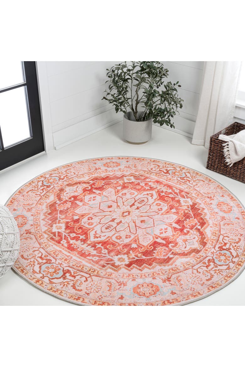 Asa Ornate Medallion Machine-Washable Round Area Rug, Main, color, Orange/Cream - Round