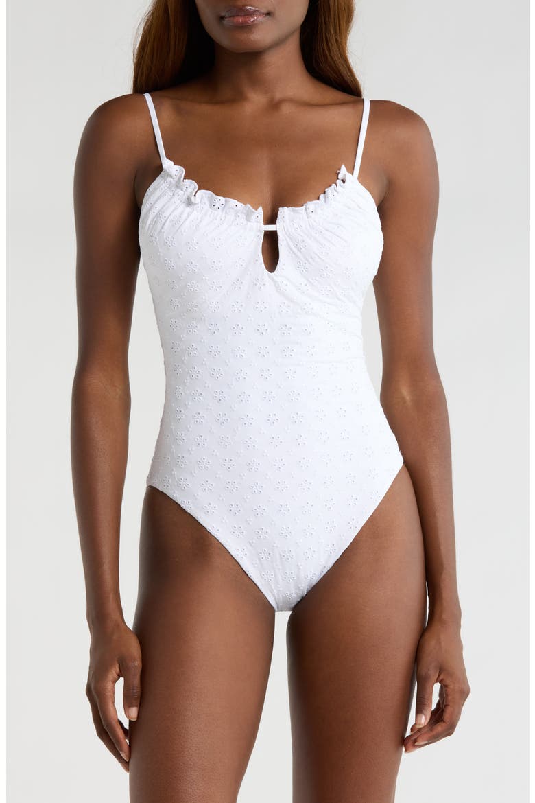Eyelet Keyhole One-Piece Swimsuit, Main, color, WHITE