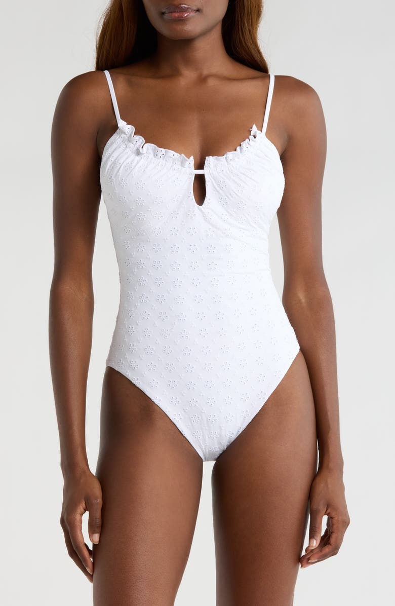 Polo Ralph Lauren Eyelet Keyhole One-Piece Swimsuit, Main, color, White