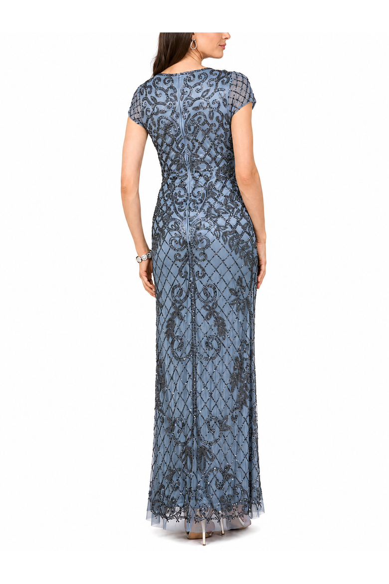 Cap Sleeve Mermaid Beaded Gown, Alternate, color, Ink Blue