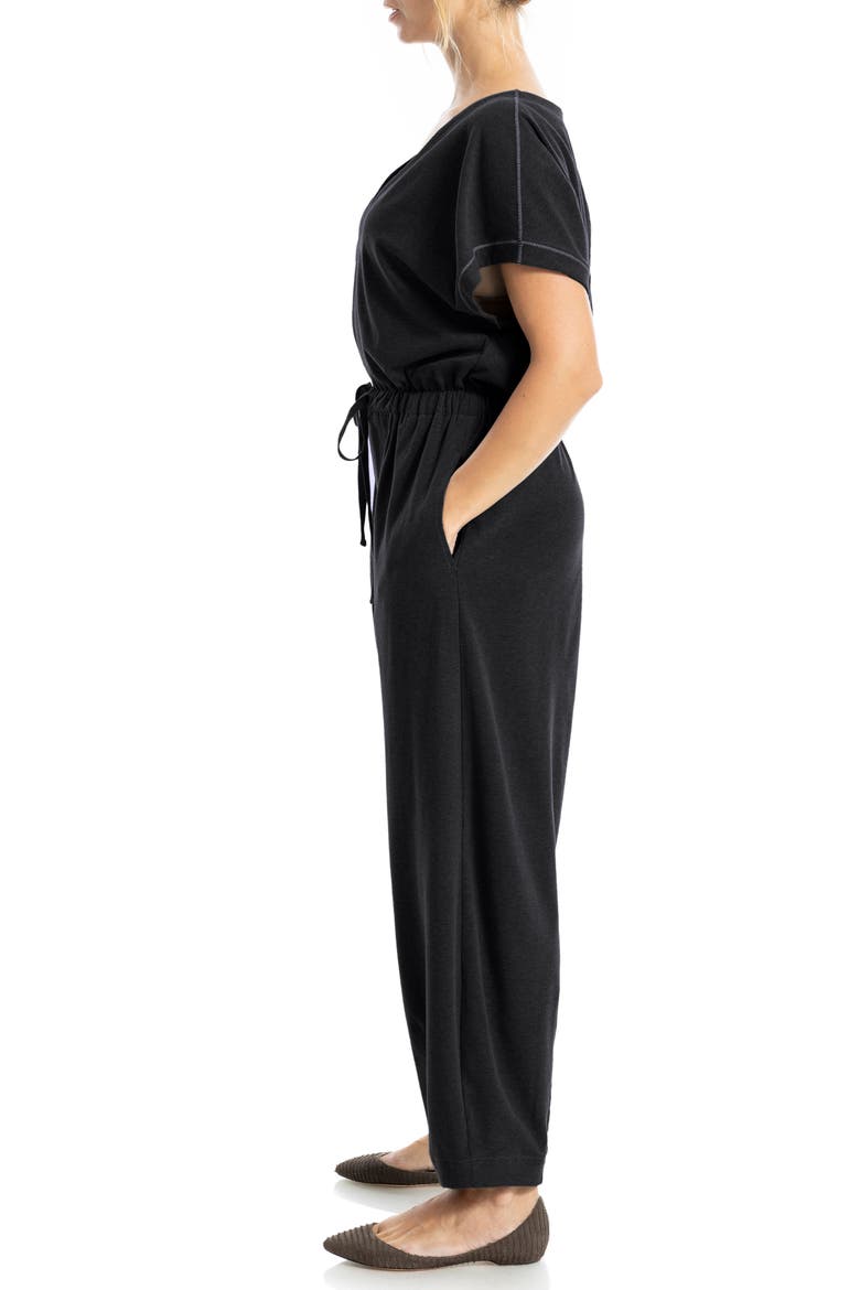 Short Sleeve Tie Waist Jumpsuit, Alternate, color, BLACK