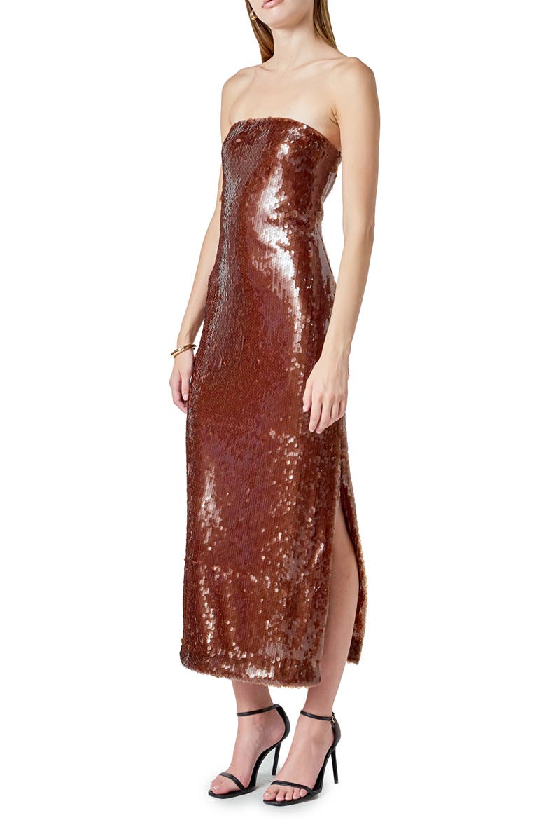Sequin Strapless Midi Dress, Alternate, color, BROWN