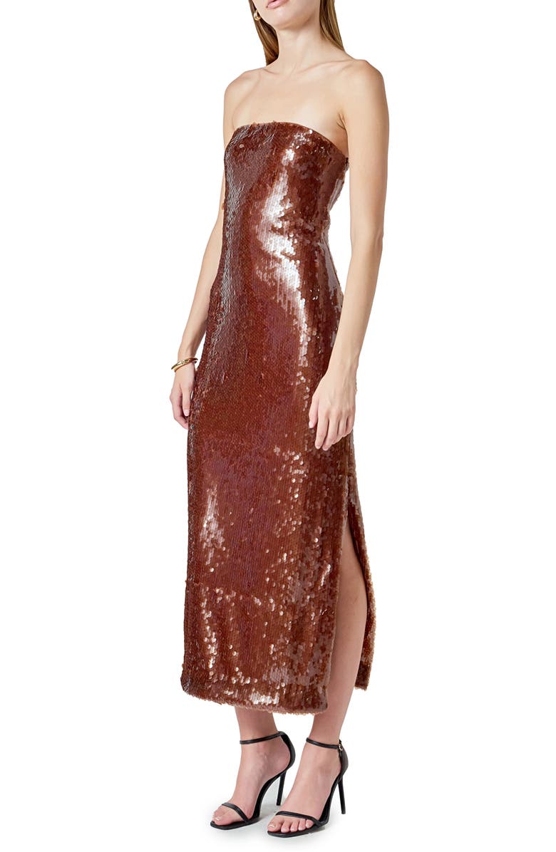 Endless Rose Sequin Strapless Midi Dress, Alternate, color, Brown