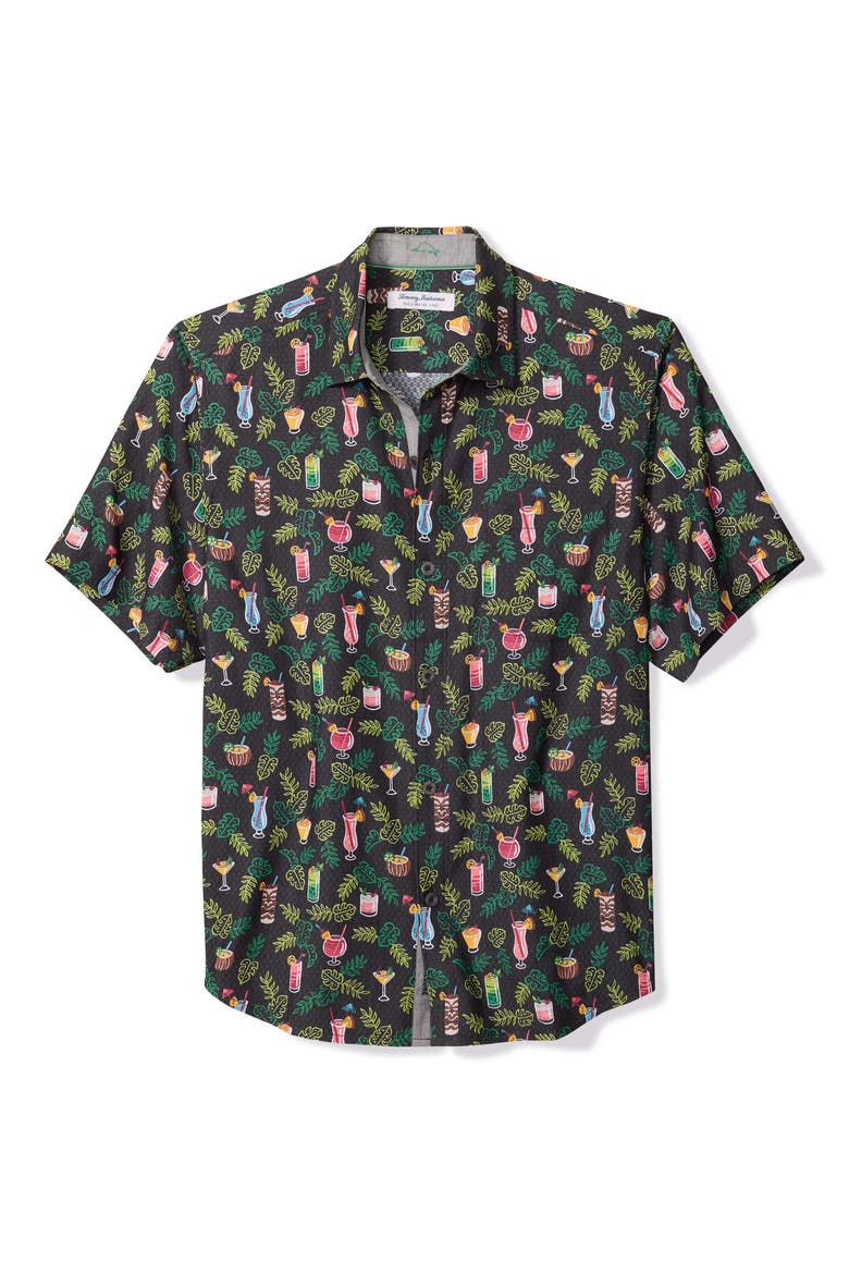 Coastal Ease Midnight Mohito Cocktail Print IslandZone® Short Sleeve Button-Up Shirt, Main, color, MATTE BLACK