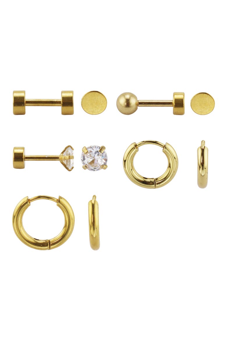 Set of 5 Stud & Hoop Earrings, Main, color, GOLD