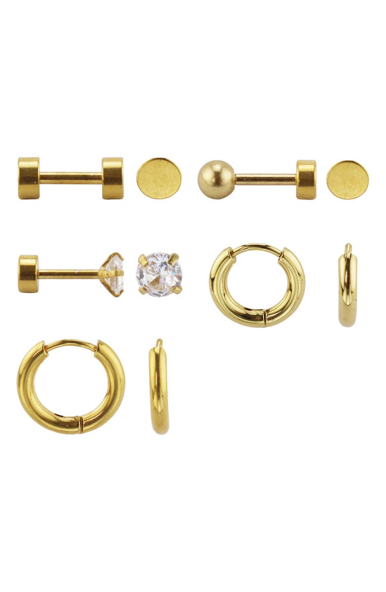 REBL Set of 5 Stud & Hoop Earrings, Main, color, Gold