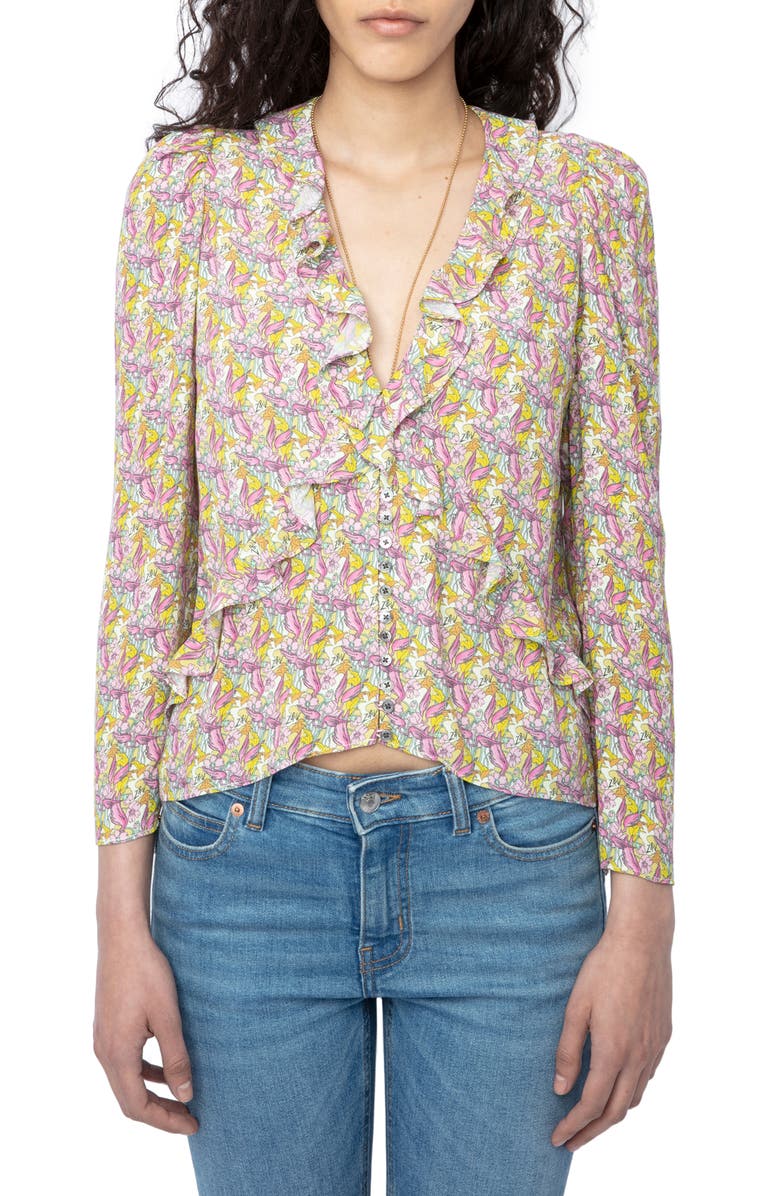 Zadig & Voltaire Tresse Liberty Wings Ruffle Button Front Blouse, Main, color, 