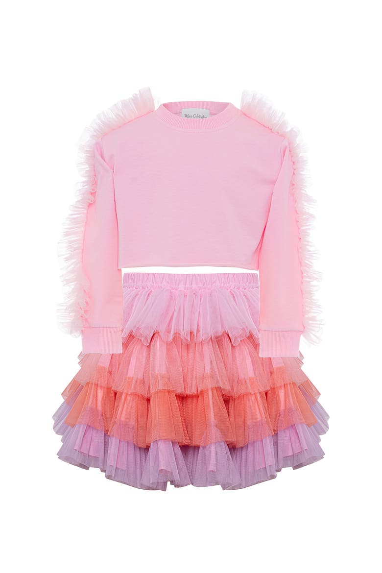 Pink Poppy Tiered Tulle Sweatshirt & Skirt Set, Main, color, Pink Ombre