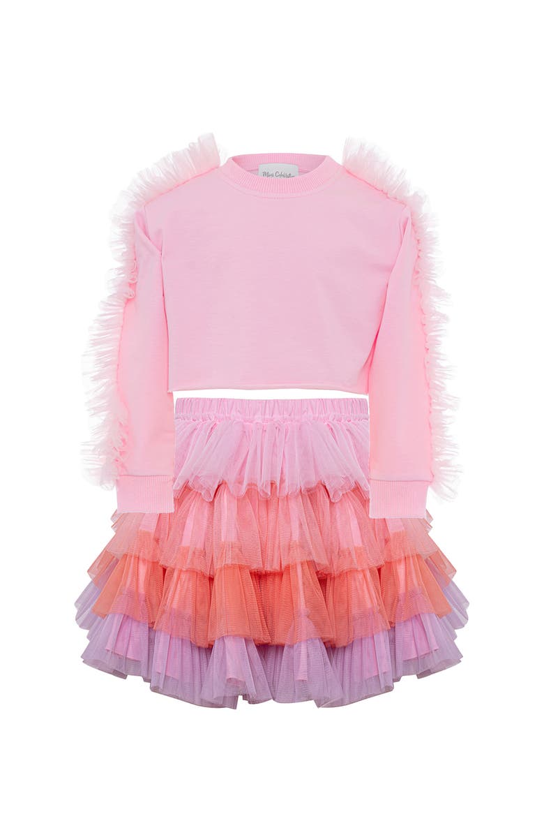 Mini Celebrities Pink Poppy Tiered Tulle Sweatshirt & Skirt Set, Main, color, Pink Ombre