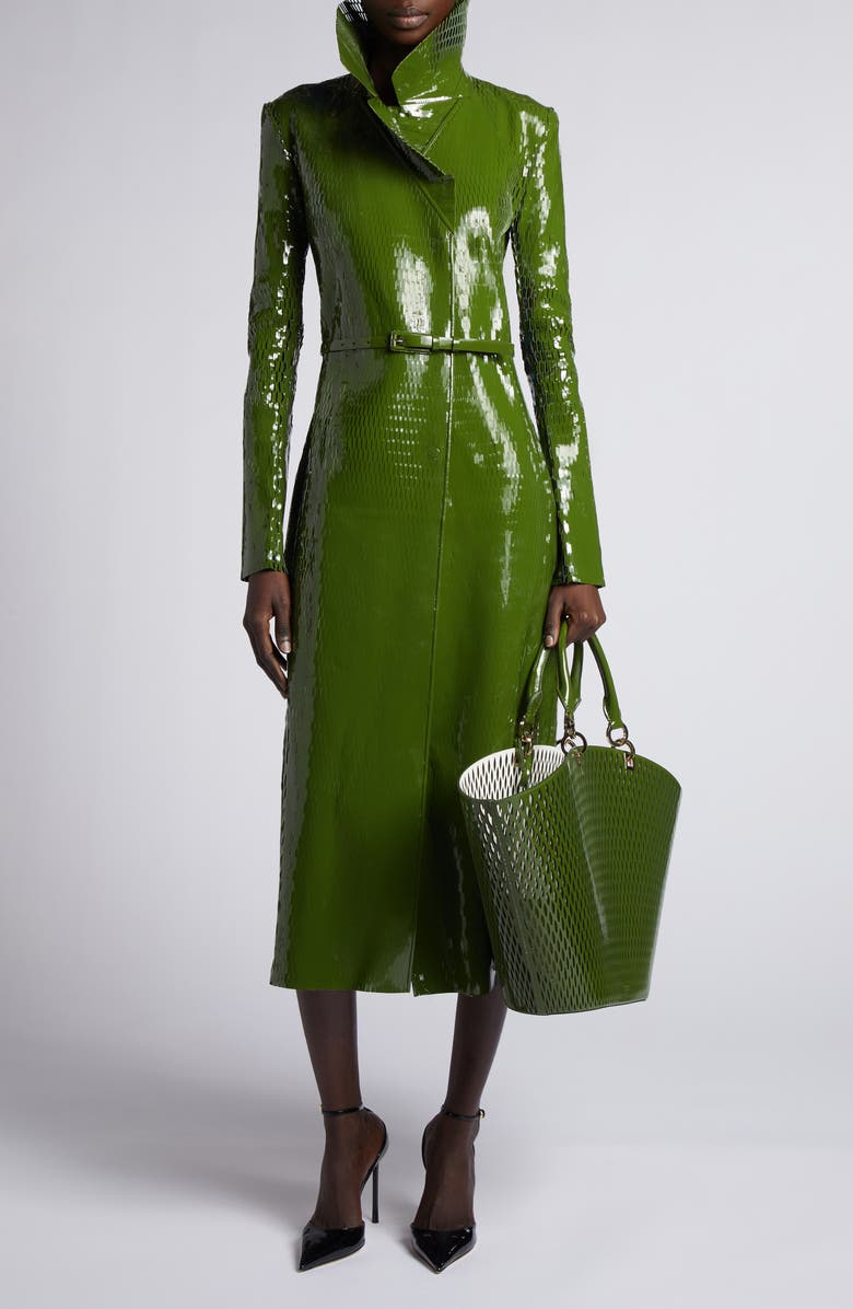 TOM FORD Perforated Patent Leather Trench Coat, Alternate, color, Grass Green/ Black