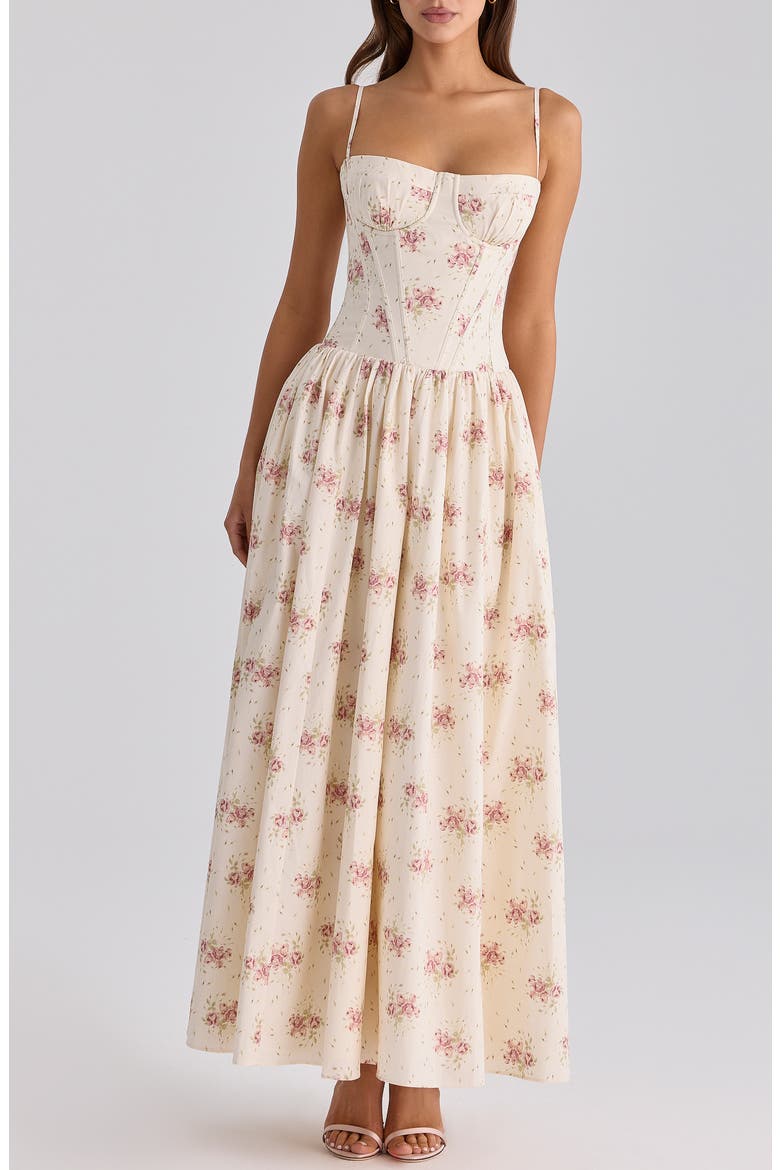 Rona Floral Stretch Cotton Maxi Cocktail Dress, Main, color, CREAM ROSE PRINT