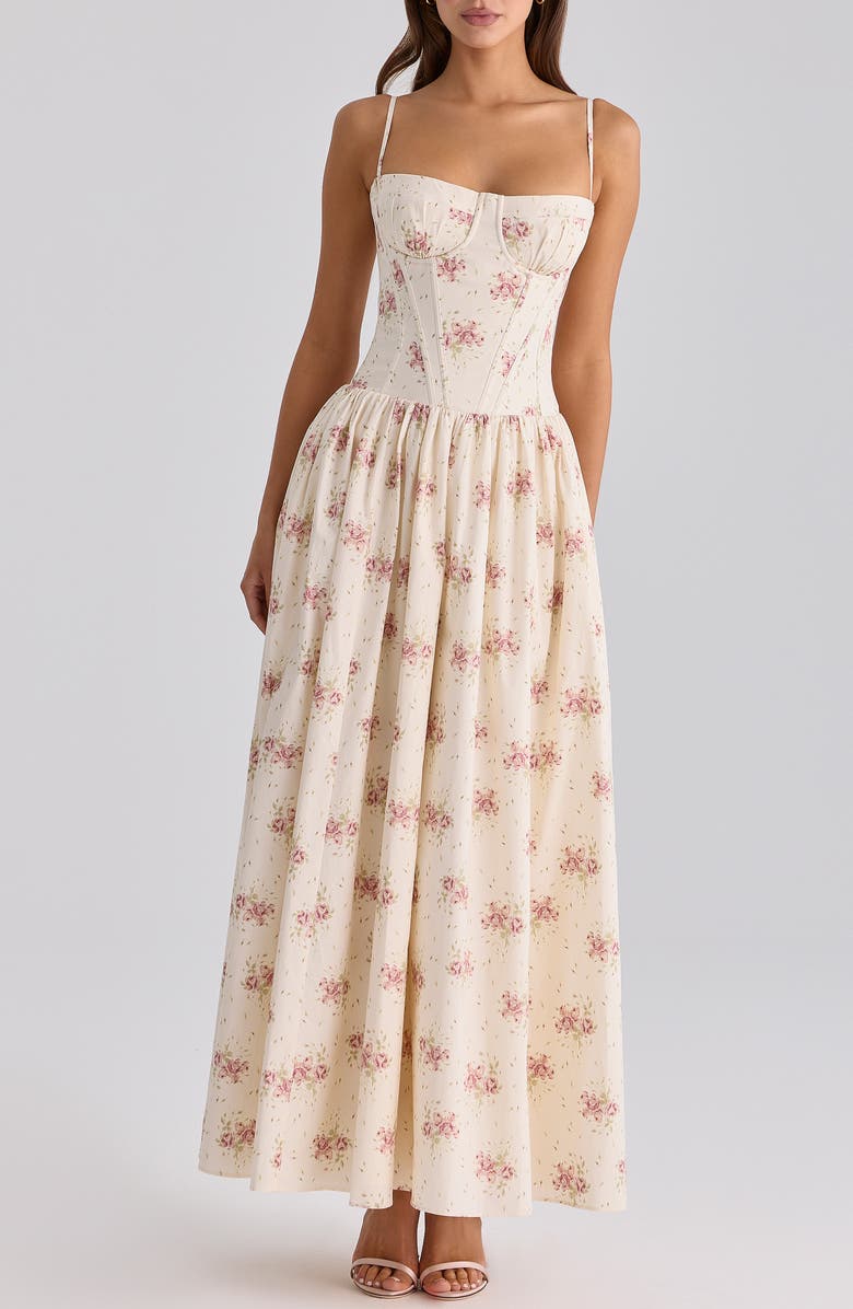 HOUSE OF CB Rona Floral Stretch Cotton Maxi Cocktail Dress, Main, color, Cream Rose Print