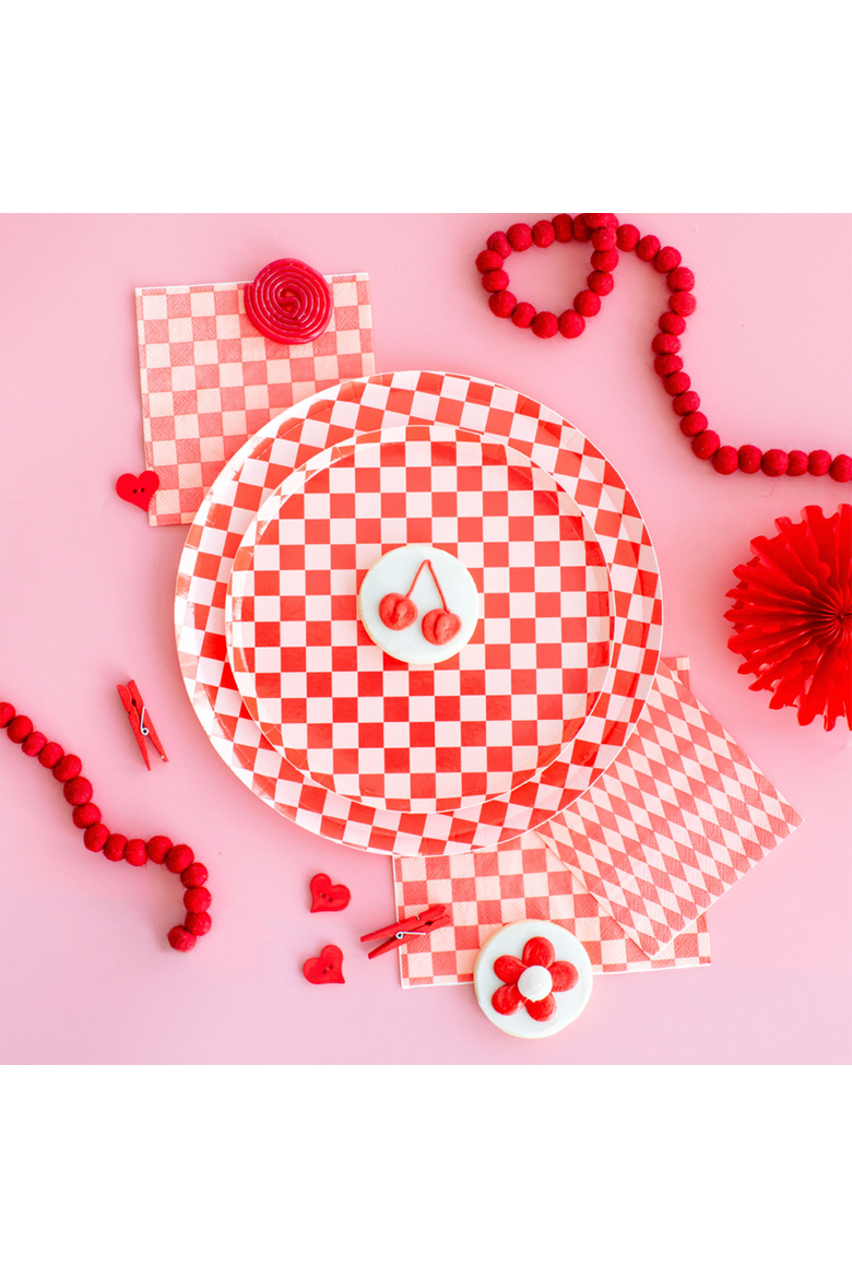Checkered Cocktail Napkins, Alternate, color, Cherry Crush