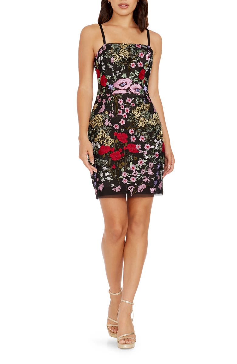 Dress the Population Kyla Floral Embroidered Cocktail Minidress, Main, color, Black/ Rouge Multi