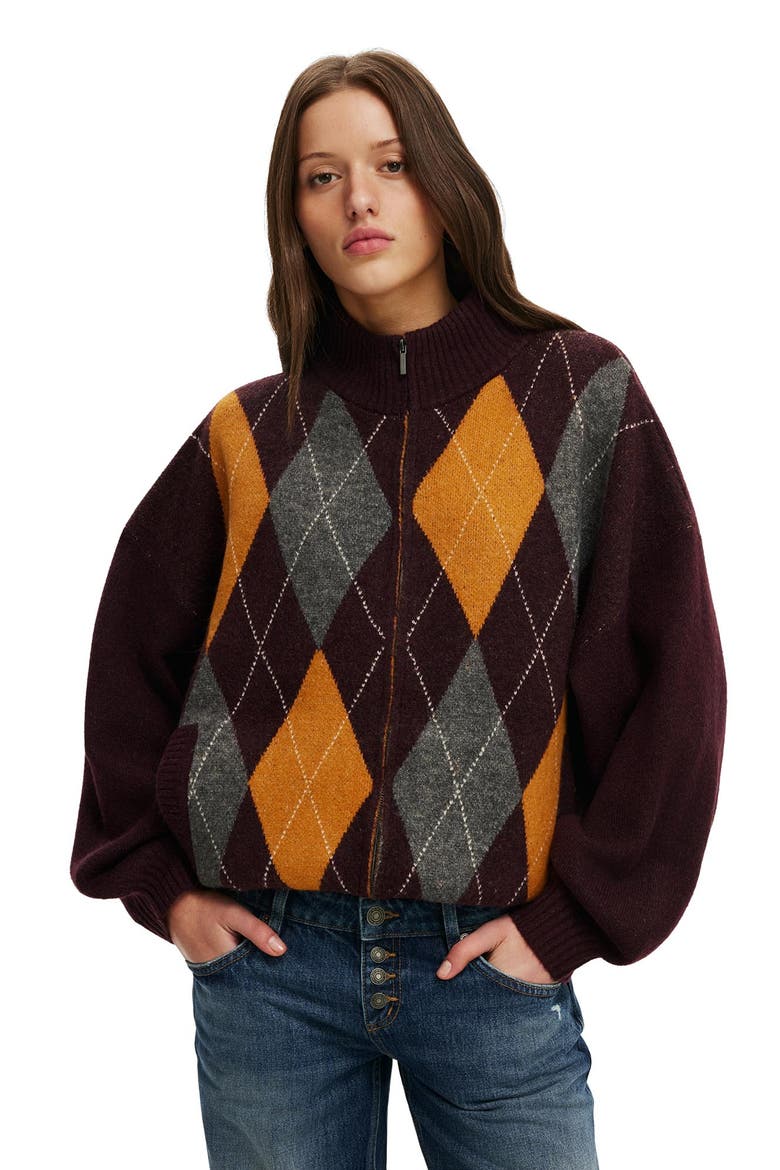 Women's Argyle Funnel Knit Bomber, Main, color, Sour Cherry Argyle