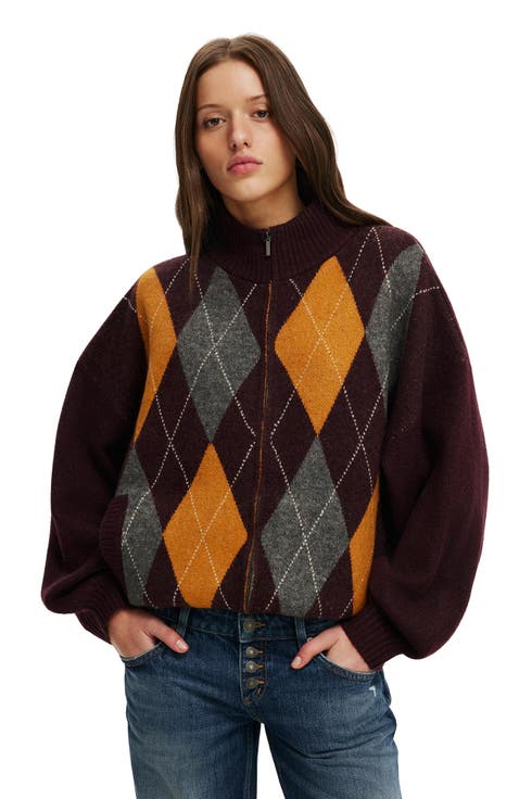 Women's Argyle Funnel Knit Bomber