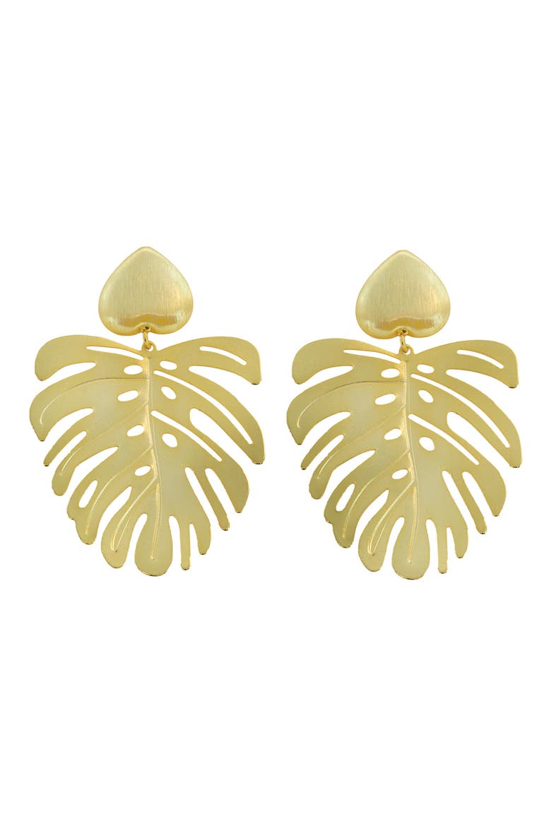 Brushed Palm Leaf Drop Earrings, Main, color, GOLD