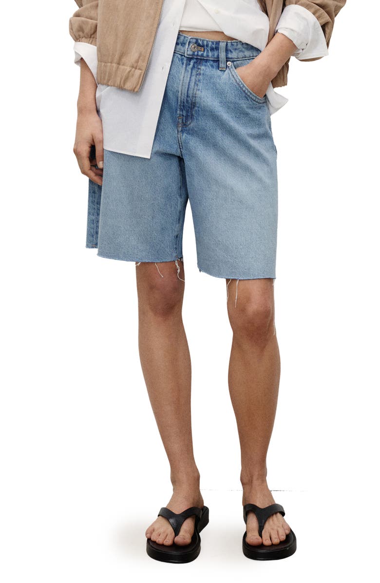 MANGO Fray Hem Denim Bermuda Shorts, Main, color, Medium Blue