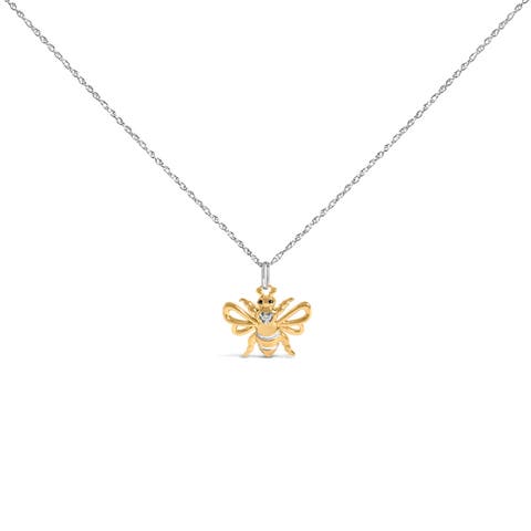 14K Yellow Gold Plated Sterling Silver Diamond Accent Bee Pendant Necklace