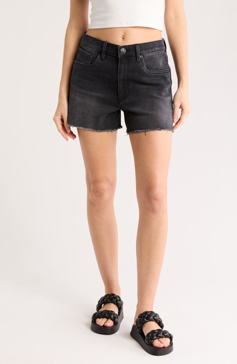 SEE THRU SOUL Layne High Waist Raw Hem Denim Shorts, Main, color, Black