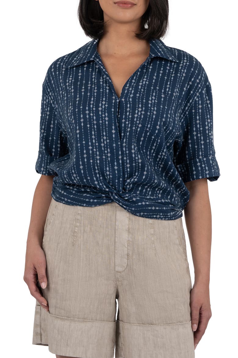 Rebel Printed Knot Front Linen Blend Top, Main, color, INCA NAVY IVORY