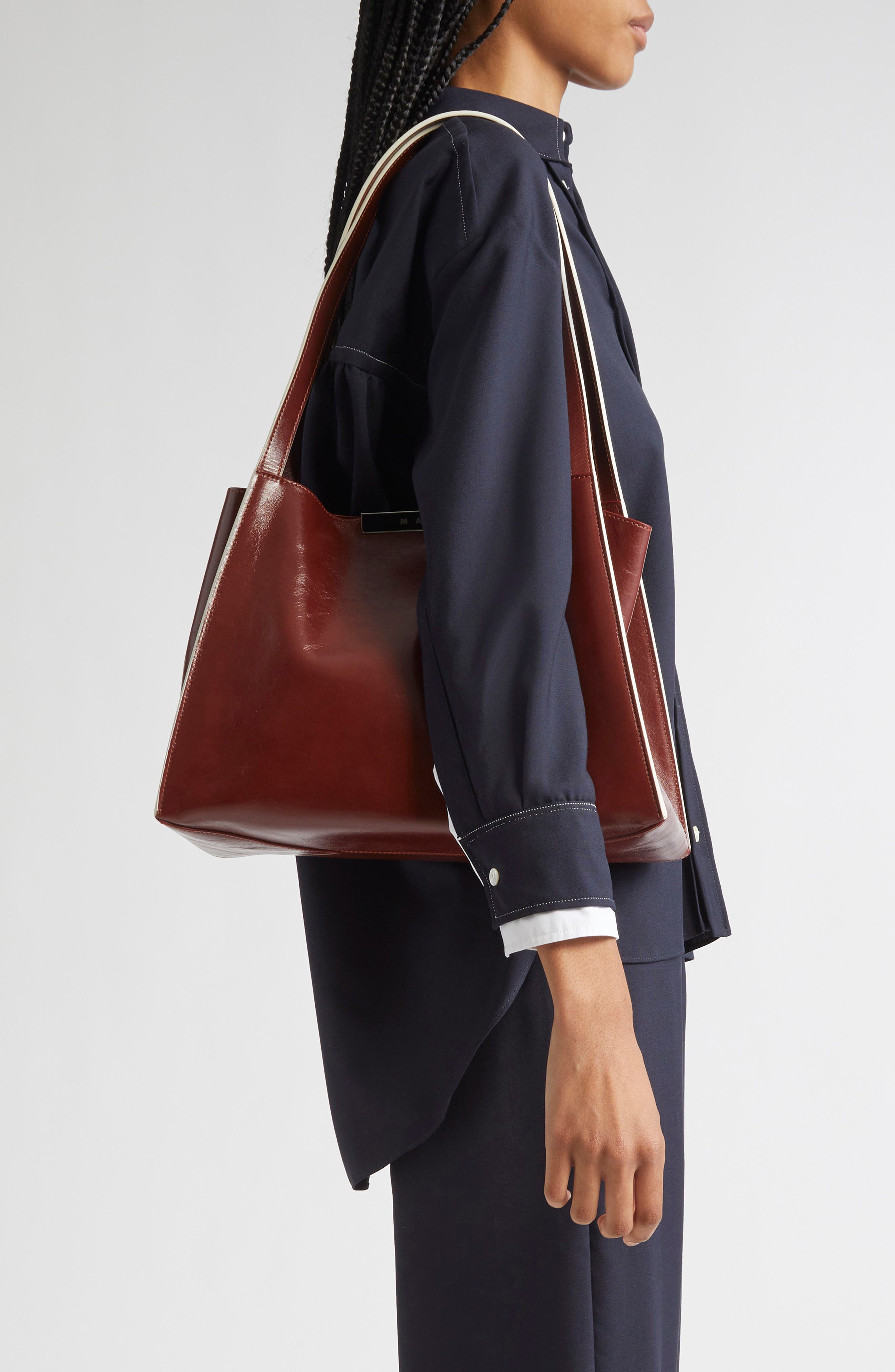 Marni Small East/West Leather Tote, Alternate, color, 627 - Cherry