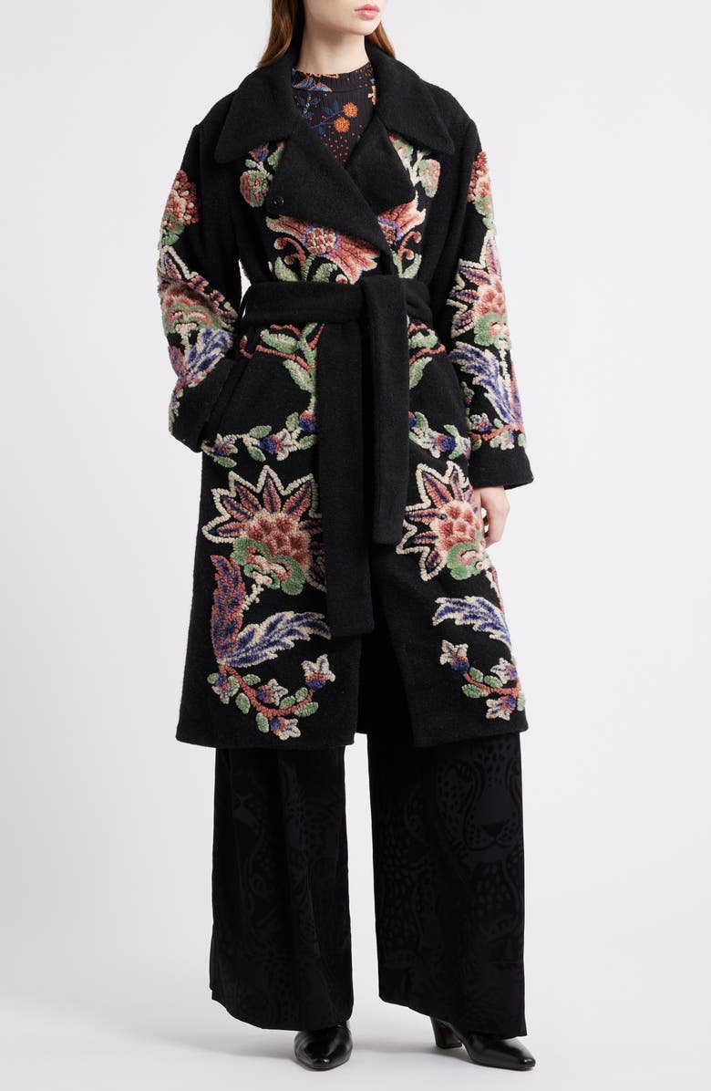 FARM Rio Marvelous Garden Embroidered Floral Fleece Coat, Main, color, Black