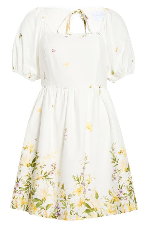 Raina Floral Print Puff Sleeve Flare Dress