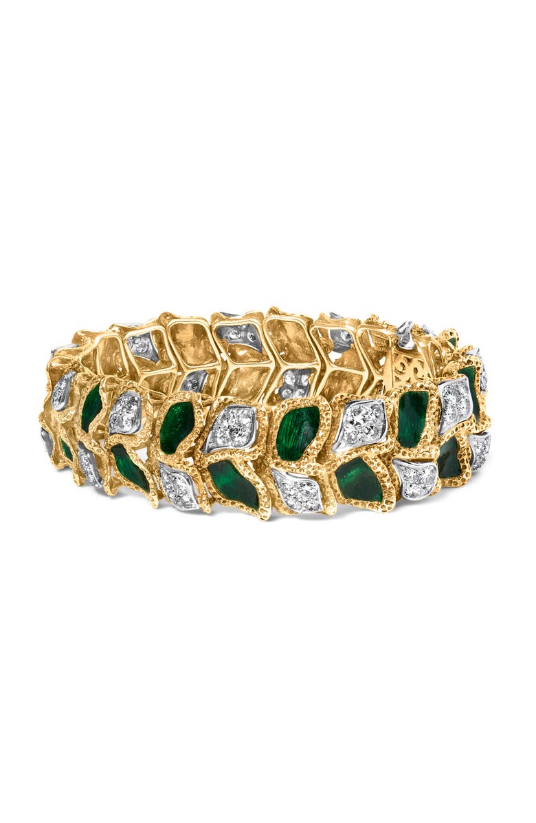 Haus of Brilliance 18K Gold 3 1/4 Ctw Diamond & Green Enamel Gold Textured Bracelet, Main, color, Yellow