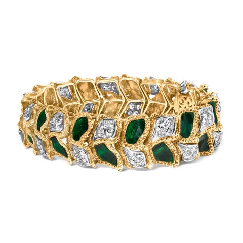 18K Gold 3 1/4 Ctw Diamond & Green Enamel Gold Textured Bracelet