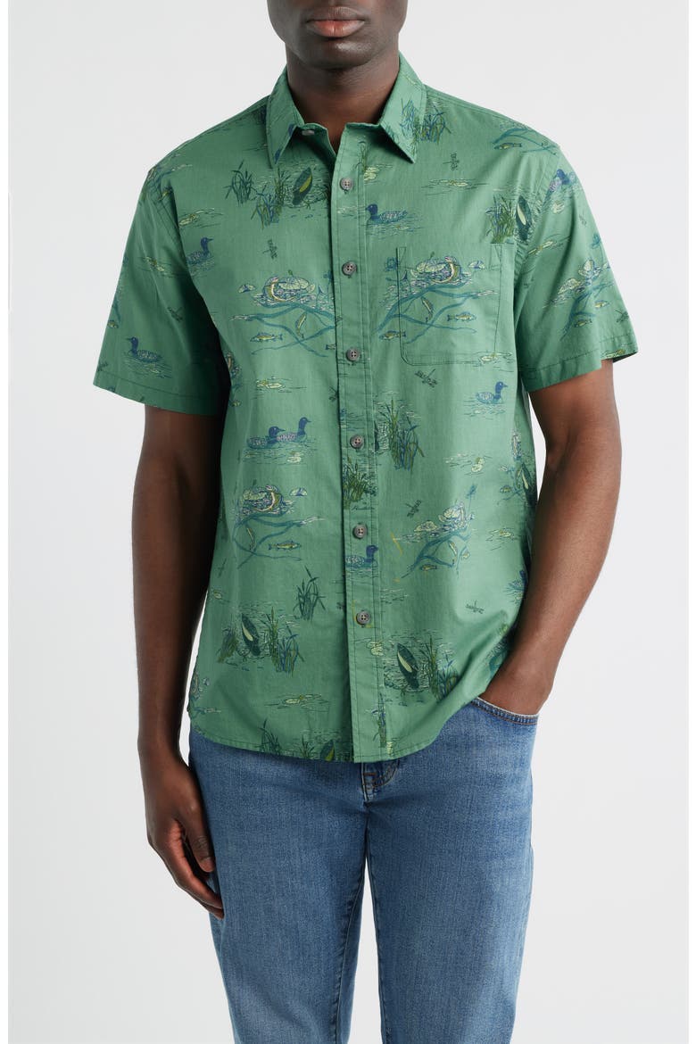 Shoreline Nature Print Short Sleeve Cotton Button-Up Shirt, Main, color, LAKESIDE GREEN