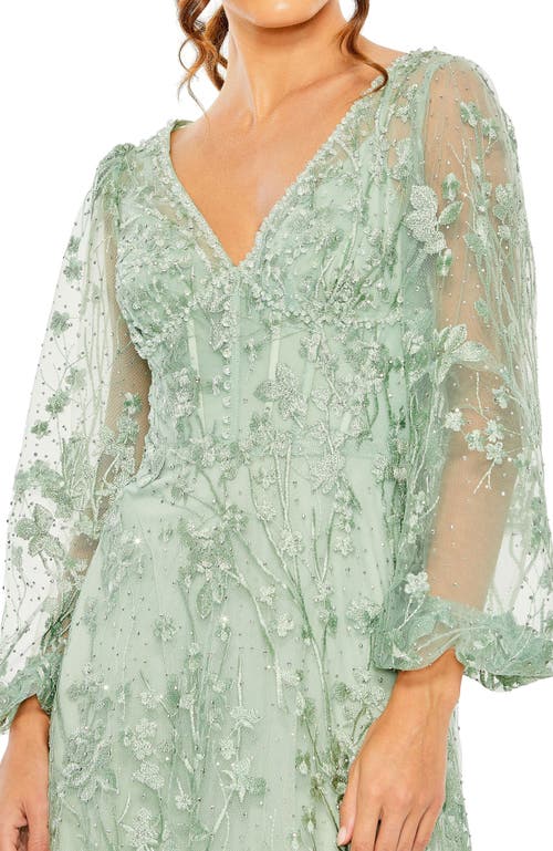 Mac Duggal Floral Embroidered Illusion Long Sleeve Gown In Sage
