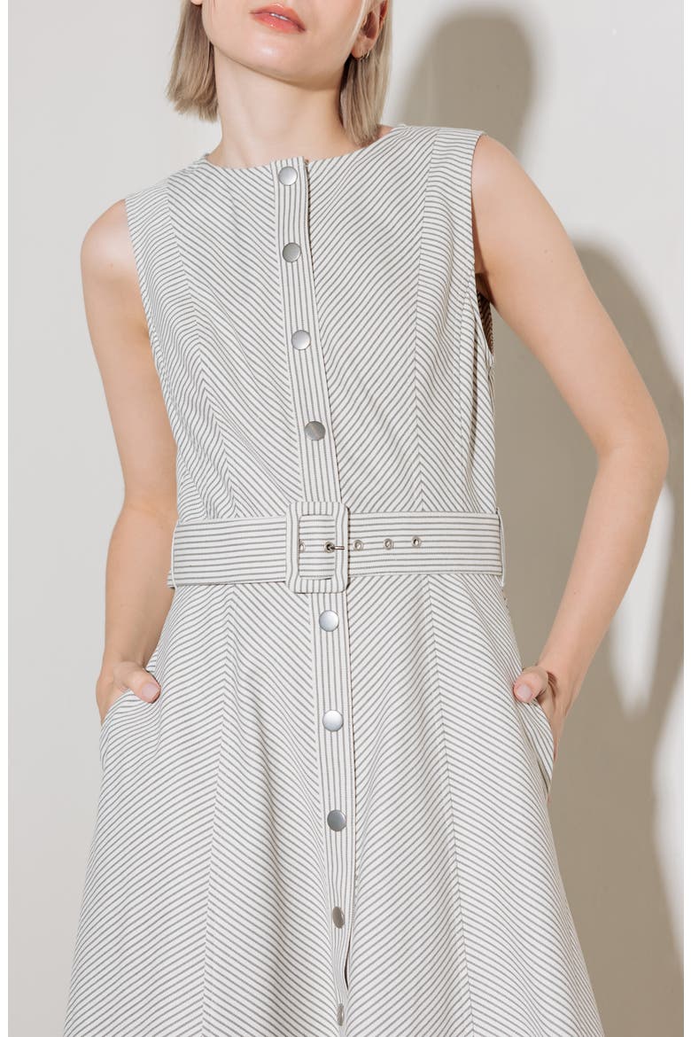 Pinstripe Belted Midi Dress, Alternate, color, GREY