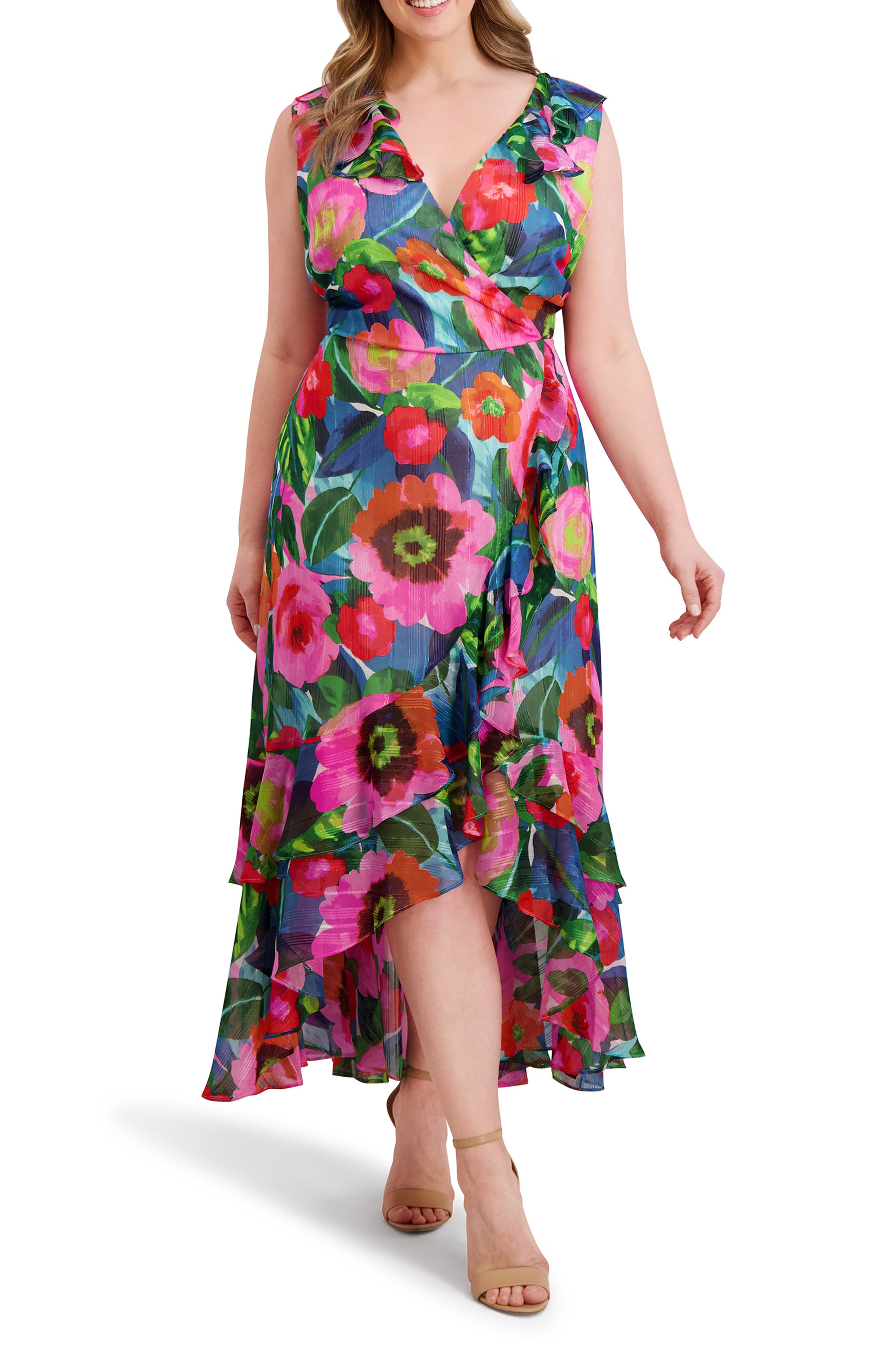 Kensie Print Ruffle High-Low Midi Dress