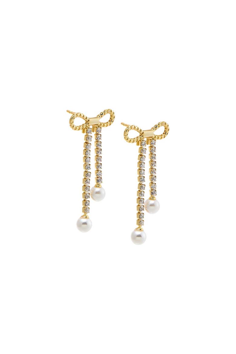 Pearl Bow Tennis Drop CZ Stud Earring, Main, color, White