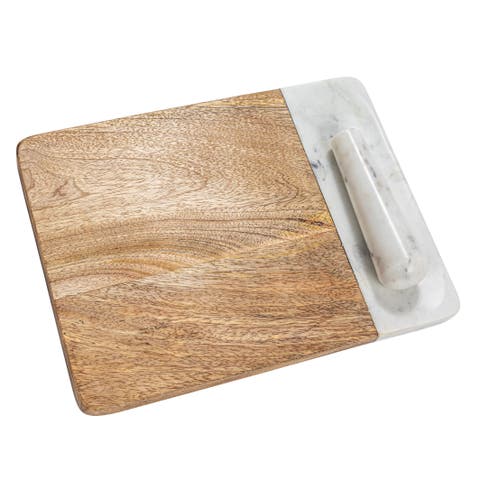 Mango Wood and Marble Cheese and Cutting Board with Inlaid Marble Pestle