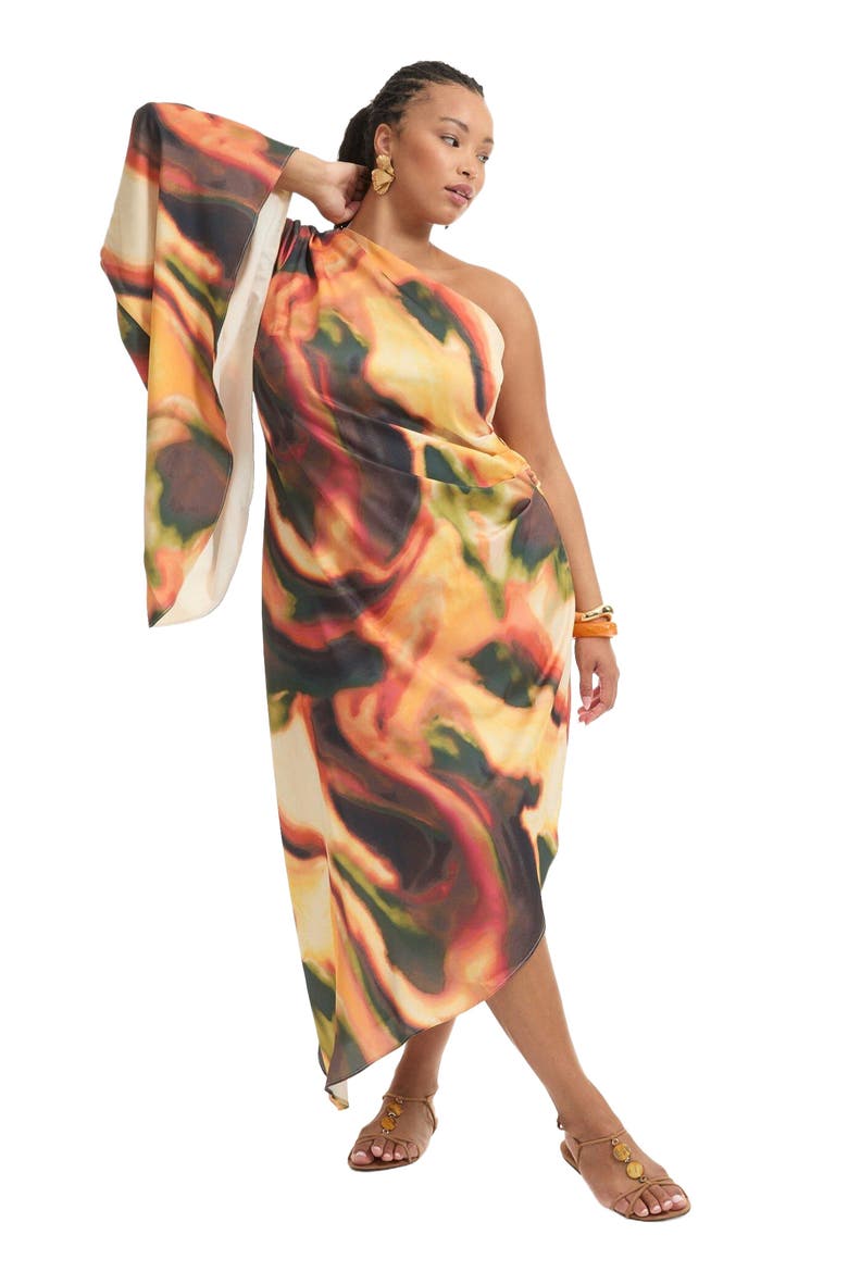 Asymmetrical One Sleeve Cape Dress, Main, color, GEO