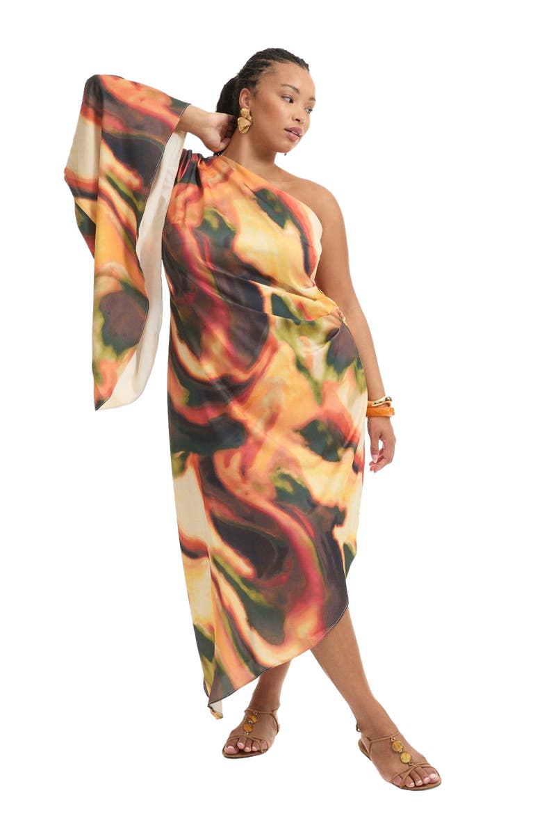 June + Vie Asymmetrical One-Sleeve Cape Dress, Main, color, Geo